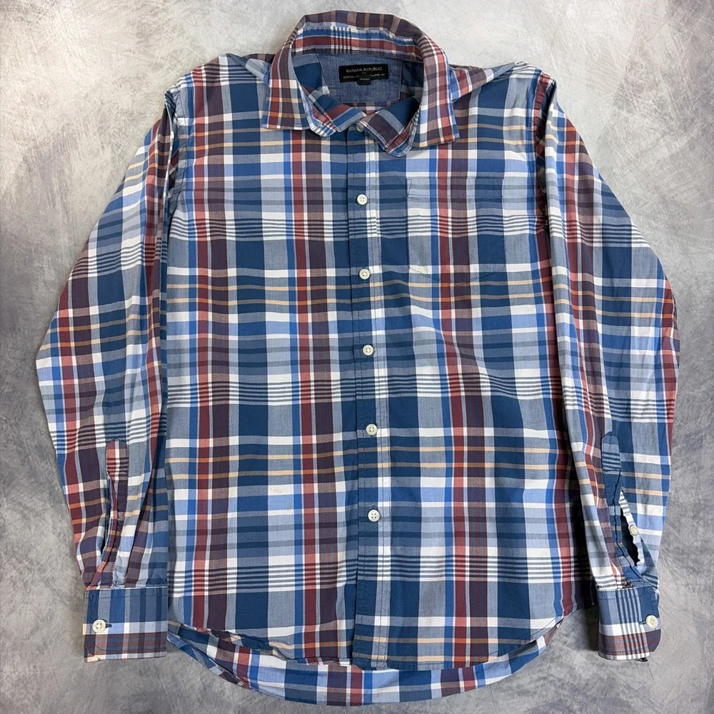 Banana Republic Button Down Shirt Mens S Blue Plaid Stretch Soft Wash Standard